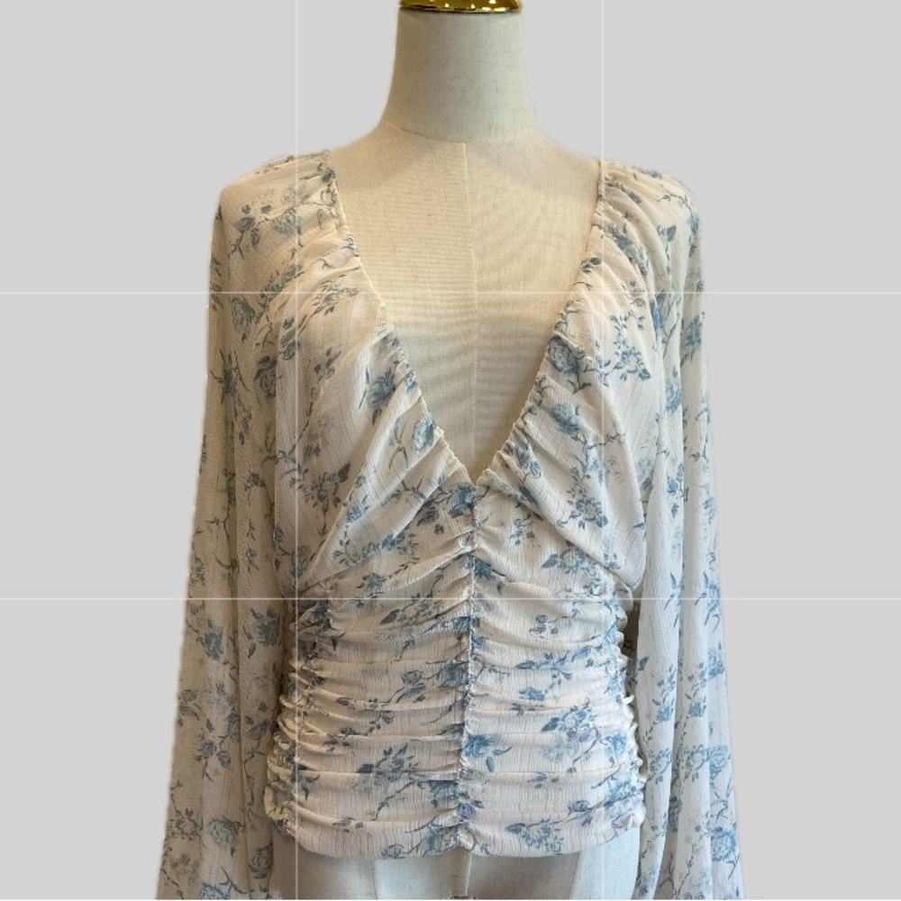Free People NWT Vintage Combo Blue and White Long Sleeves Gathered Sheer Top M